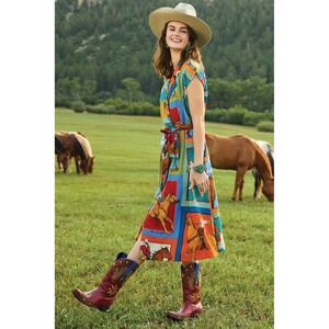 NWT!! DOUBLE D RANCH Women Of The Range Dress Western Horses Midi Bright X-Small